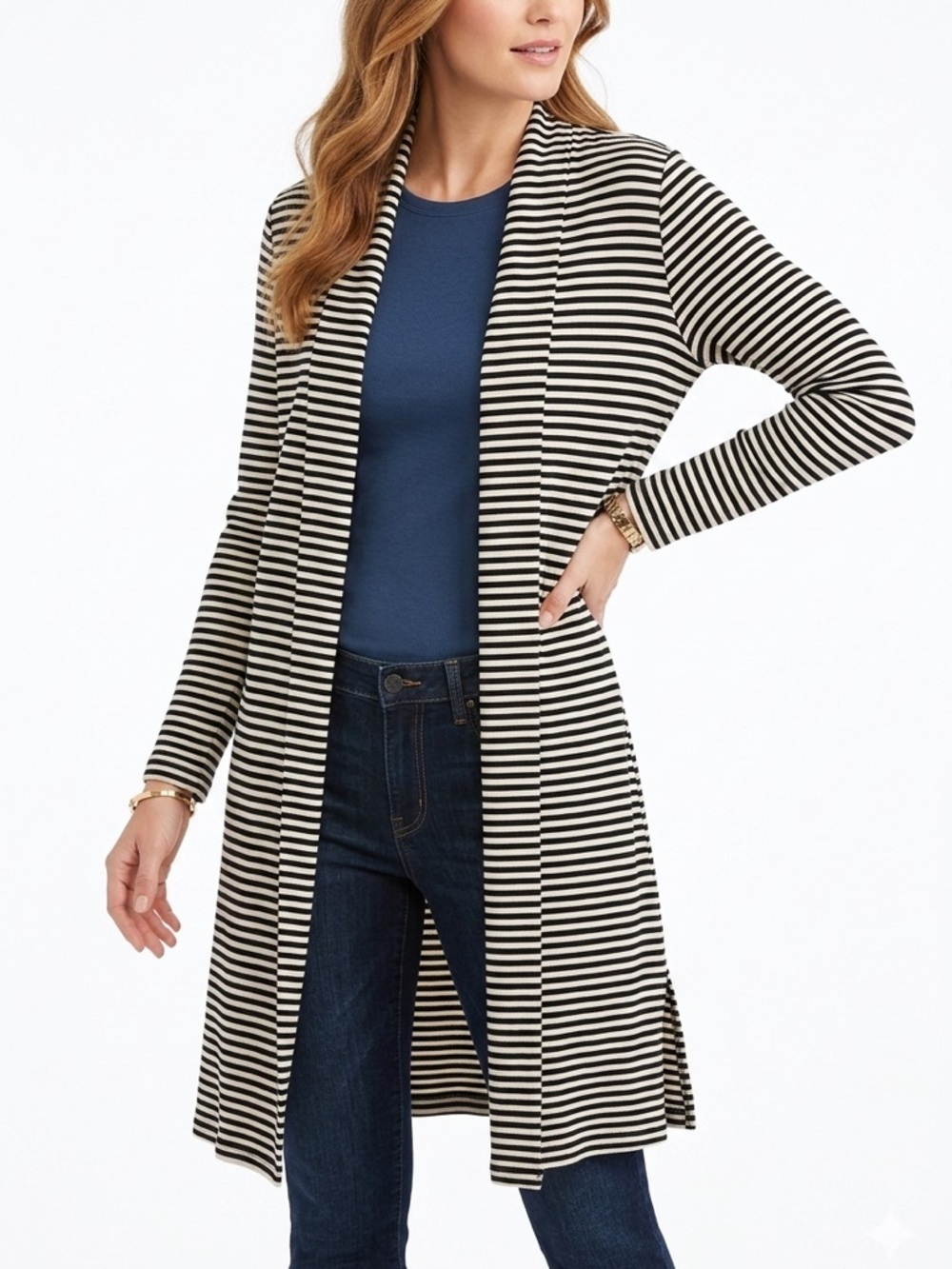 J Jill Wearever Collection black white striped knit cardigan open front LP